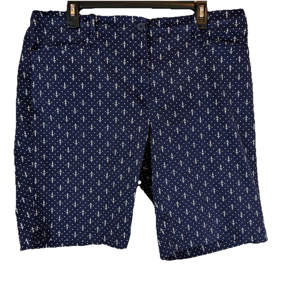 Talbots Women’s Size 16W Chino Bermuda Shorts Navy Blue Anchors Elastic Waist